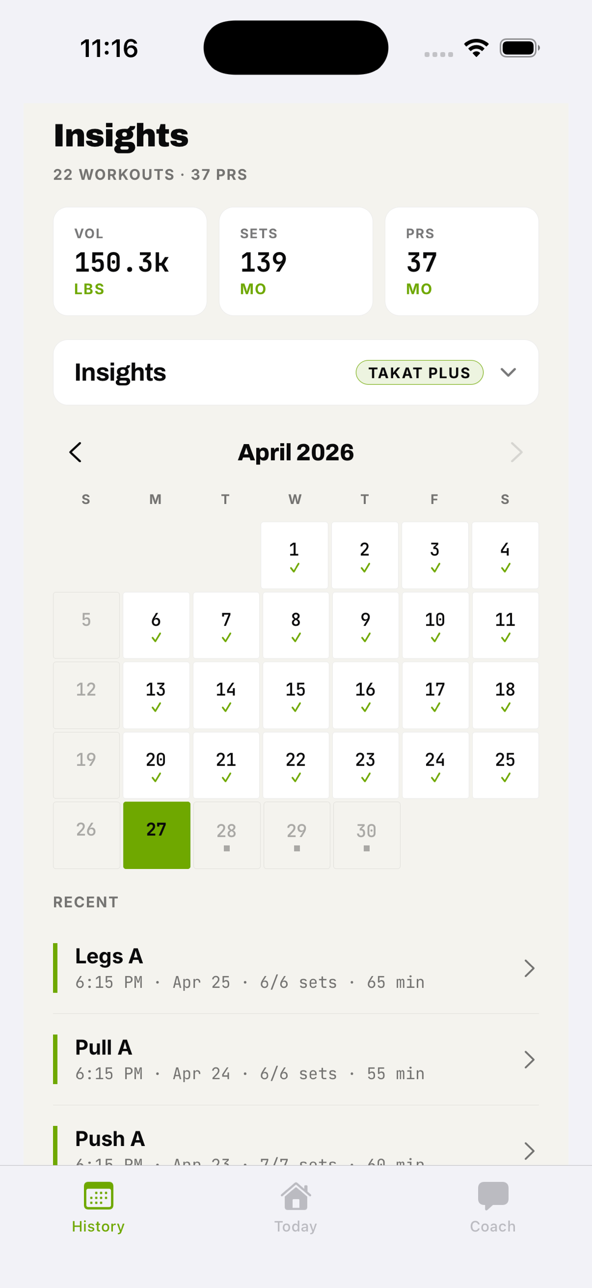 History — PRs, volume trends, and a heatmap of every session you completed.