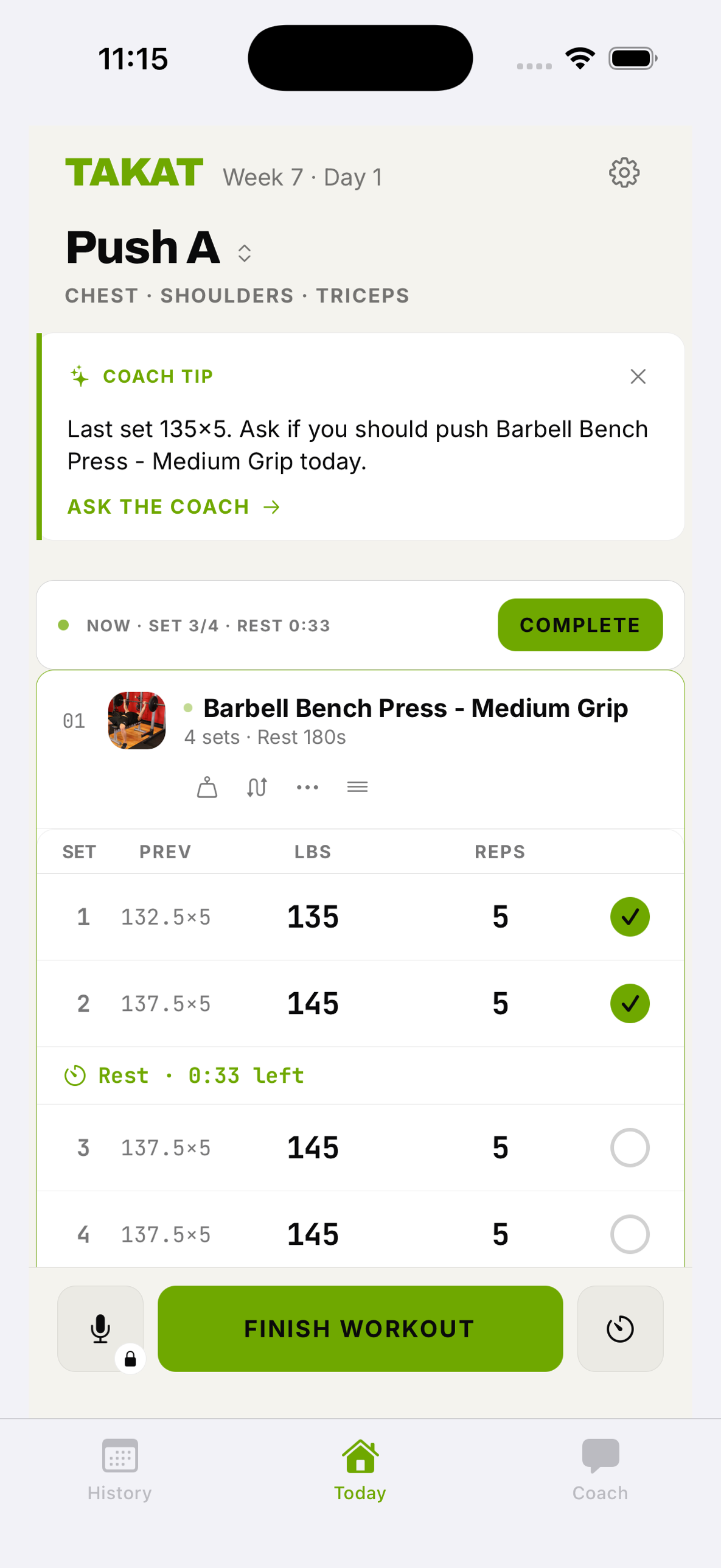 Today screen — the day's program with last-time targets and one-tap set logging.